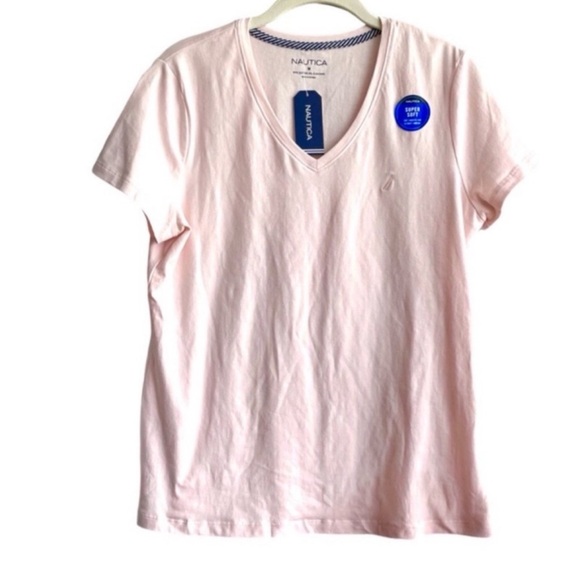 NEW Nautica Short Sleeve Super Soft Tee Cotton V-neck Top Bloom Pink Size M - Picture 1 of 10